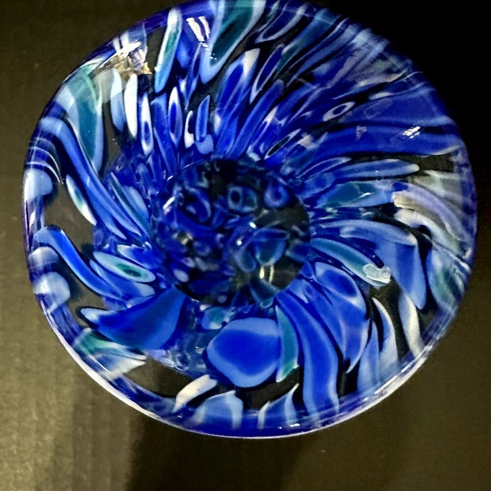 Cobalt blue spotted confetti hand blown art glass 5.5” vase smooth pontil - Picture 2 of 5
